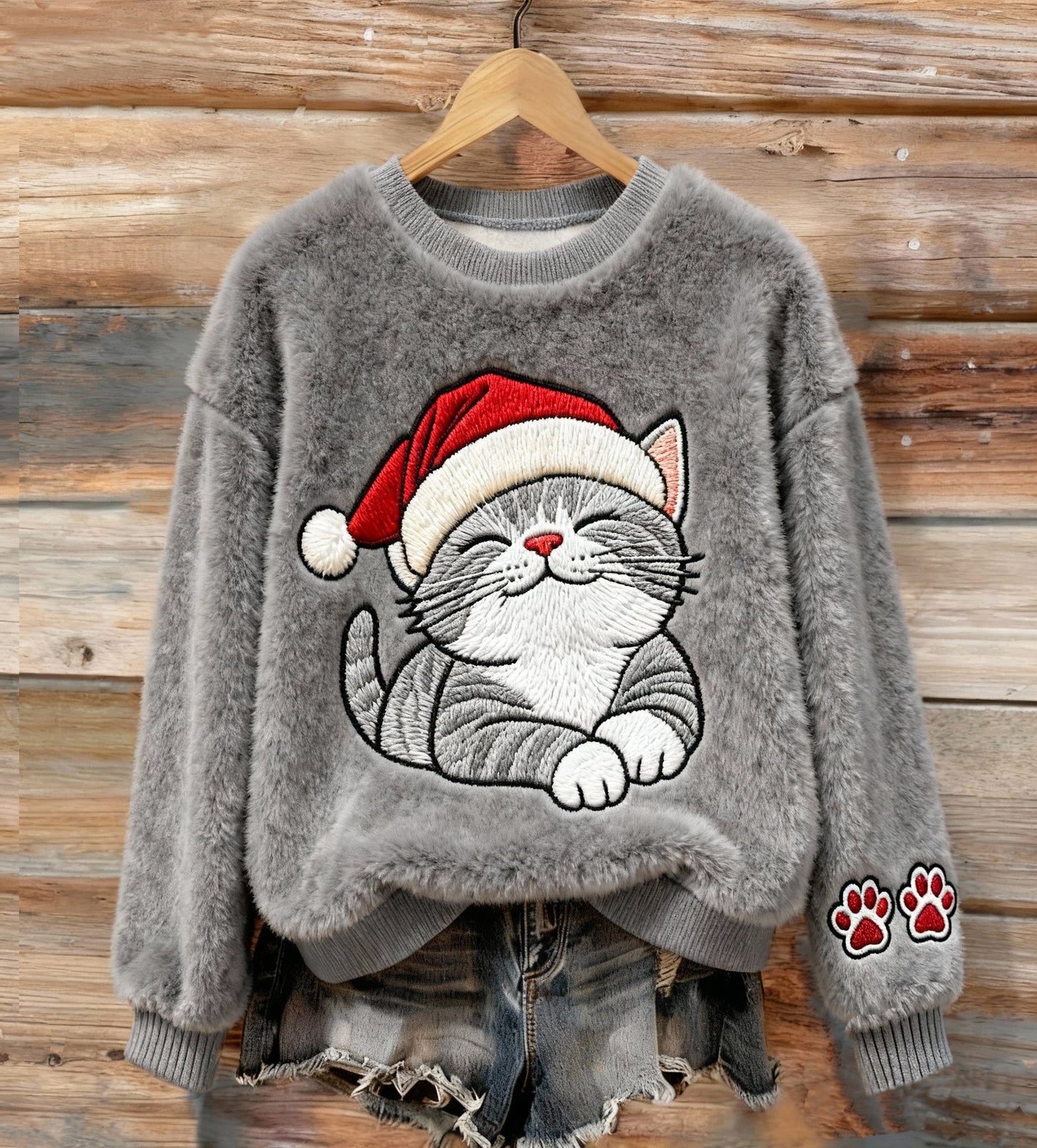 Women's Cute Christmas Cat Embroidery Art Comfort Plush Sweatshirt elevenforest