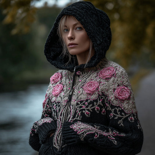 Women's Viking Style Tree Of Life And Flower Hooded Cardigan Sweater artswardrobe