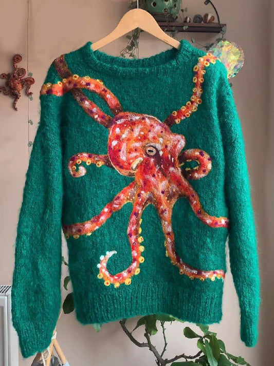 Women's Felt Octopus Pattern Cozy Knit Sweater artswardrobe
