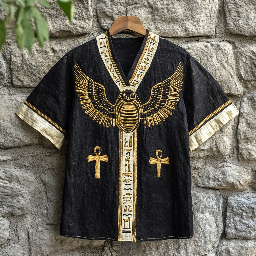 Egyptian Scarab Embroidered Men's Linen Shirt artswardrobe