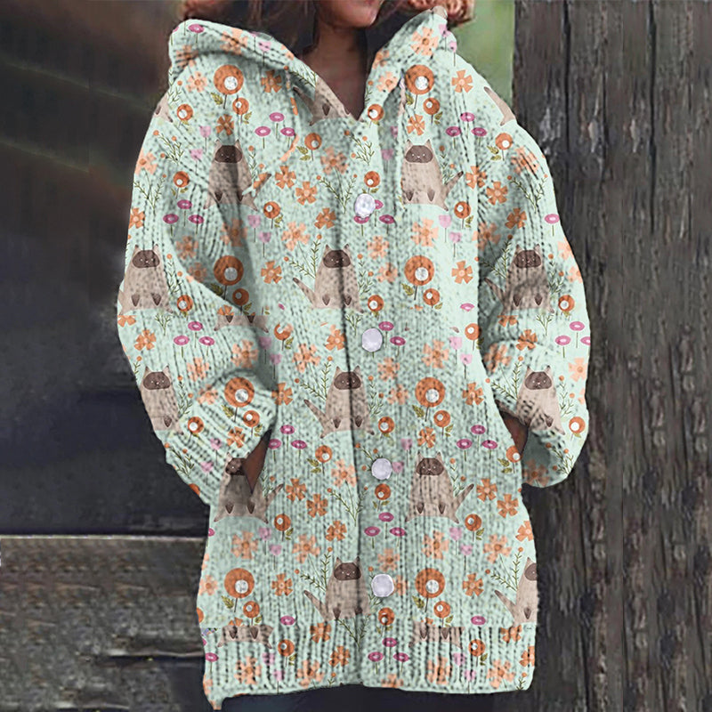Cat Floral Print Women's Cardigan Sweater elevenforest