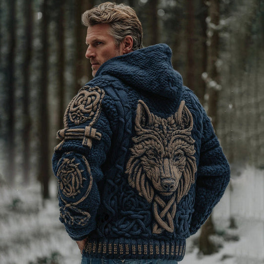 Men's Viking Wolf Celtic Pattern Art Cozy Knit Zipper Hooded Sweater artswardrobe