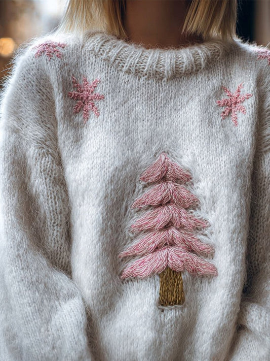 Fuzzy Pink Pine Tree Embroidered Cozy Knit Sweater artswardrobe