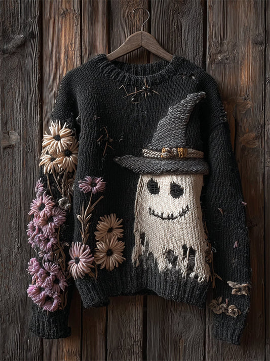 Halloween Lovely Ghost Floral Embroidered Cozy Knit Sweater artswardrobe