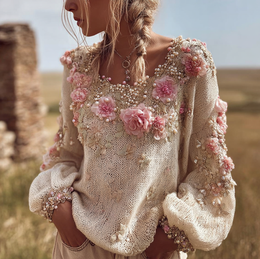 Bohemian Style Round Neck Long Sleeve 3d Floral Design Women's Sweater artswardrobe