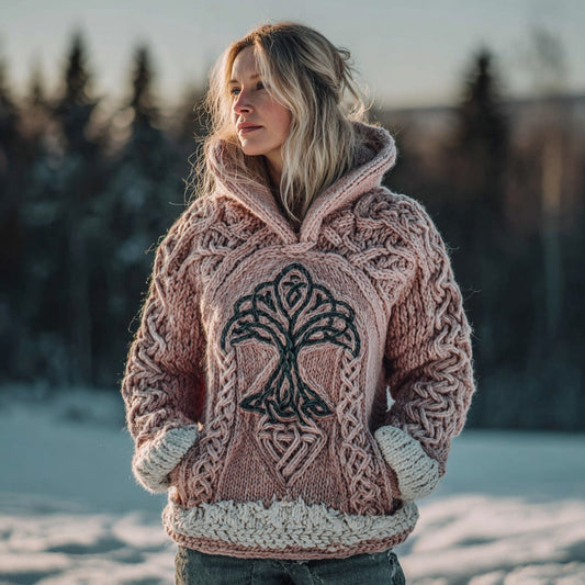 Women's Vintage Viking Tree Of Life Knitted Jacquard Warm Hooded Sweater artswardrobe