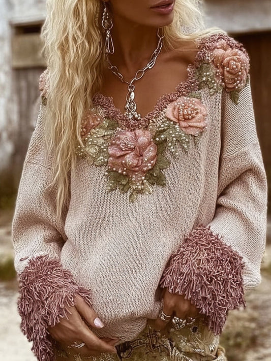 Women's Flower Retro-colored Round-neck Thick Sweater artswardrobe
