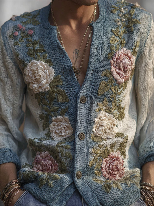 Men's Vintage Roses Crochet Contrast Cozy Knit Cardigan artswardrobe