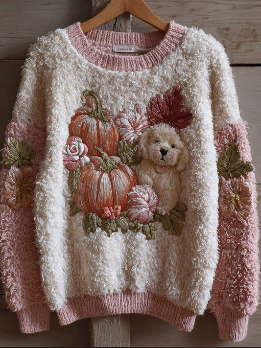 Cute Puppy And Pumpkin Pink White Spliced Warm Sweater artswardrobe