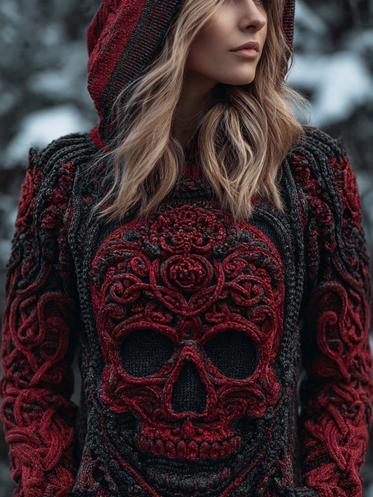 Vintage Spooky Skull Gradient Chunky Hooded Sweater artswardrobe