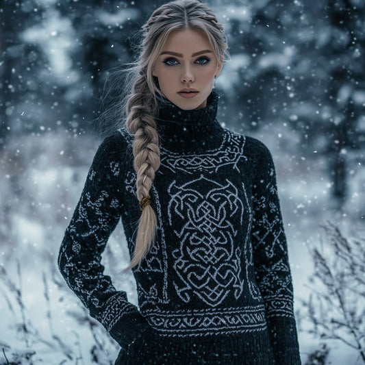 Viking Dragon Pattern Cozy Turtleneck Knit Sweater artswardrobe