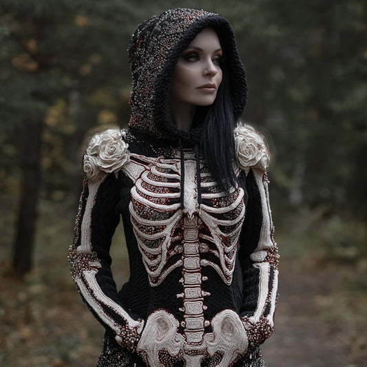 Women Halloween Human Skeleton Skeleton And Flower Hooded Sweater artswardrobe
