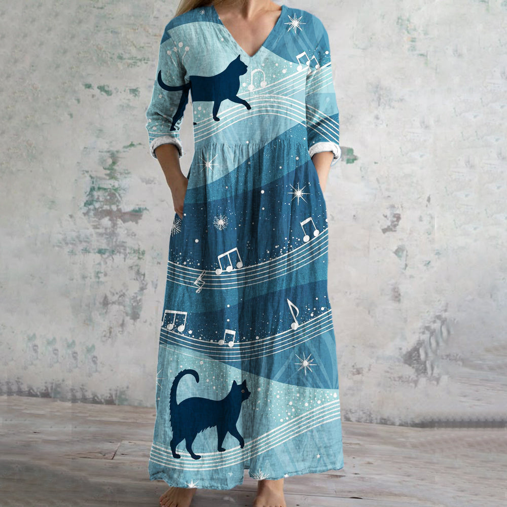 Music & Cat Print Women's Linen Maxi Dress elevenforest