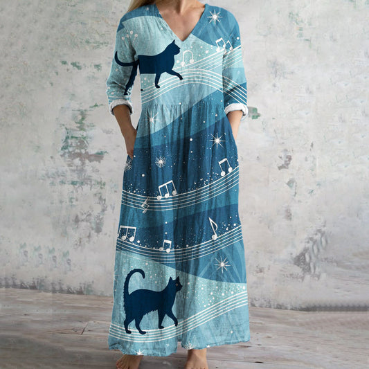 Comstylish Music & Cat Print Women's Linen Maxi Dress