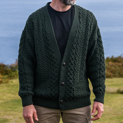 Men's Merino Wool Aran V-Neck Sweater Cardigan elevenforest