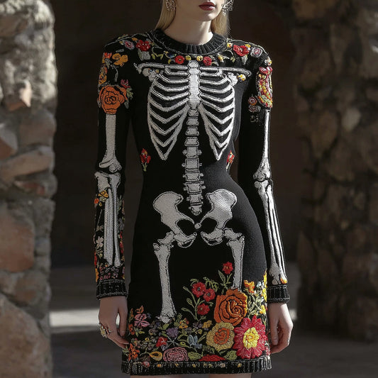 Women's Vintage Halloween Skeleton Bones  Flower Comfortable Elegant Sweater Dress artswardrobe