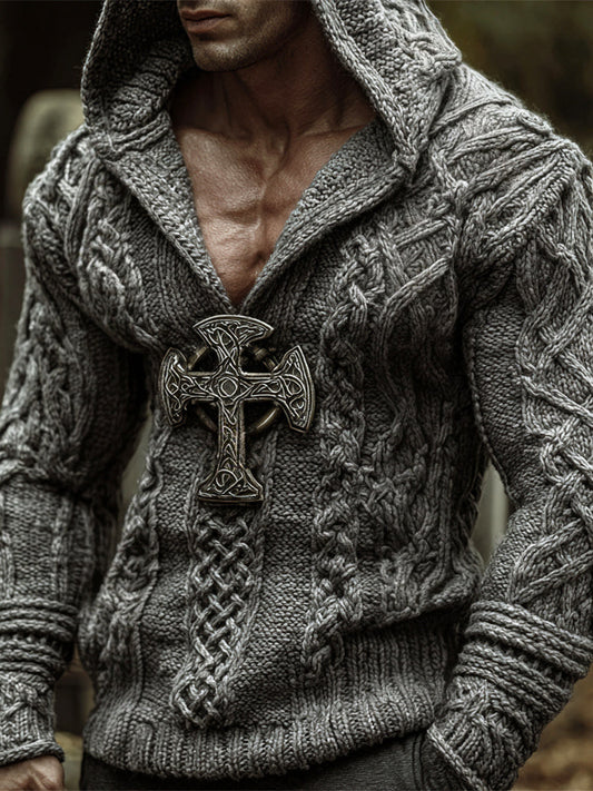 Halloween Faith Cross Art Men's Knit Hooded Sweater artswardrobe