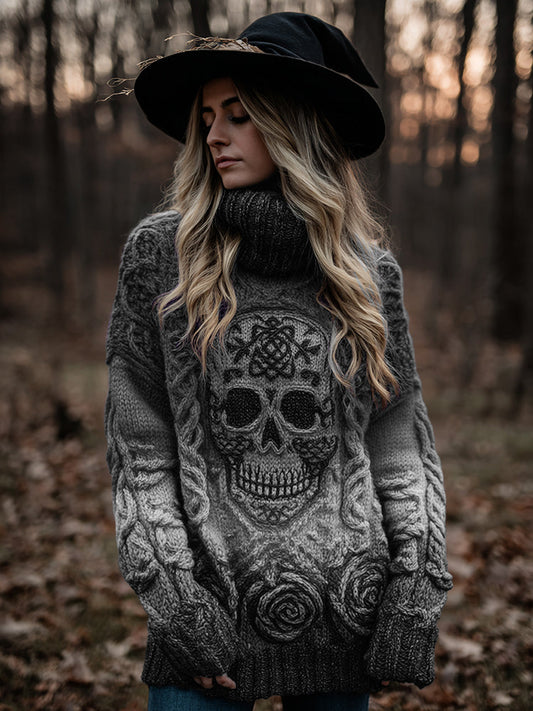 Women's Viking Tribal Jacquard Celtic With Rose And Skull Inspired Chunky Knit Hooded Sweater artswardrobe