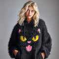 Comstylish Women's National Black Cat Day Cute Cat Art Knitted Fuzzy Hooded Sweater