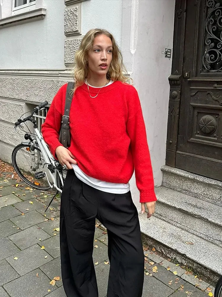 Antonella® | Elegant round neck sweater made of red cotton for women
