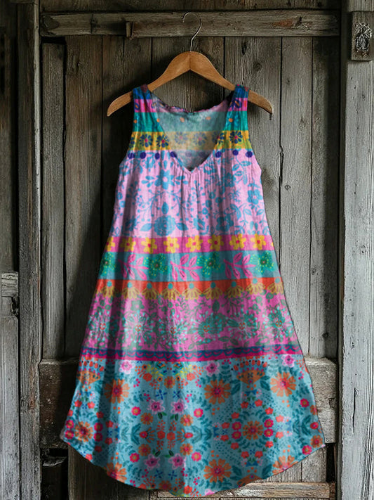 Women's Floral Patchwork Pattern Art Print V-Neck Pocket Cotton Dress