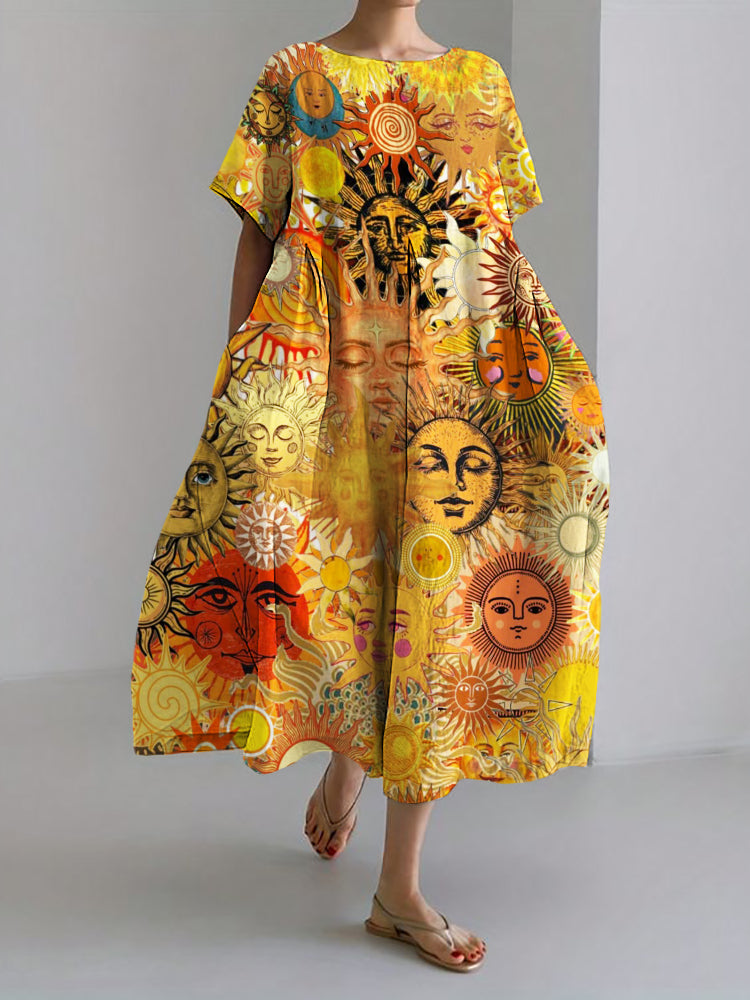 Litha Midsummer Sun Boho Art Linen Maxi Dress artswardrobe