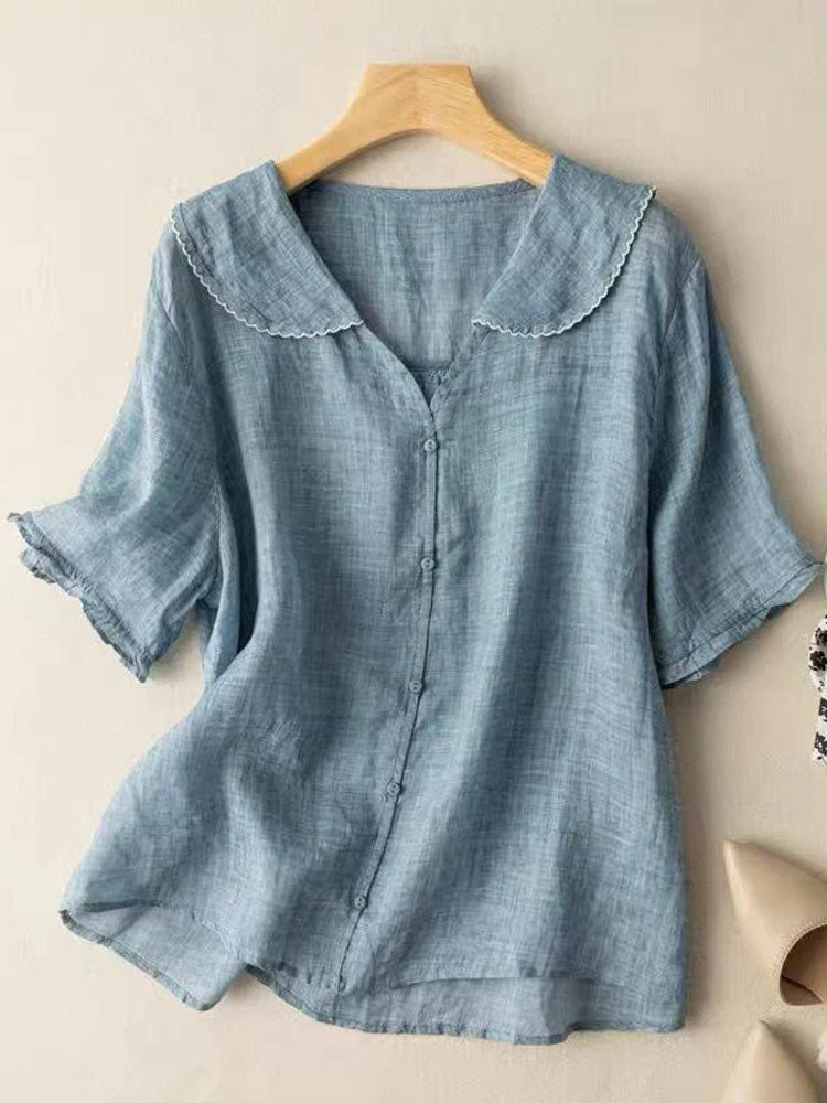 Comstylish Women's Casual Lapel Linen Solid Shirt