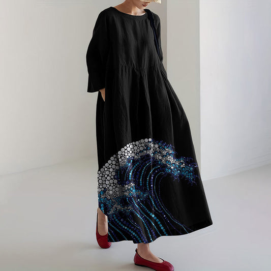 Comstylish Women Japanese Art Sea Linen Blend Maxi Dress