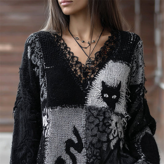 Black Cats Colorblock Patchwork V Neck Cozy Knit Sweater artswardrobe
