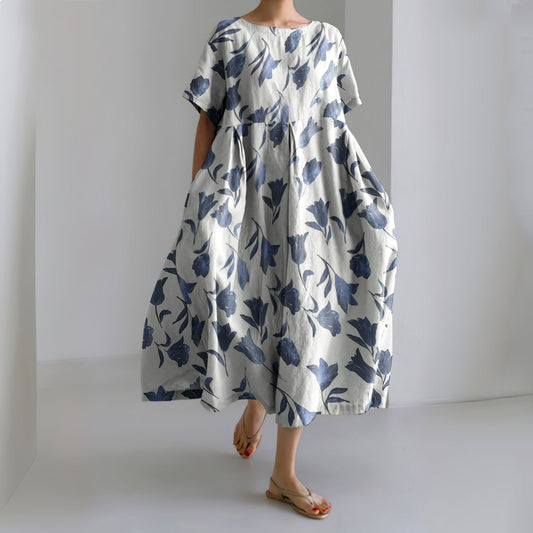 Comstylish Vintage Floral Print Round Neck Short Sleeve Midi Dress