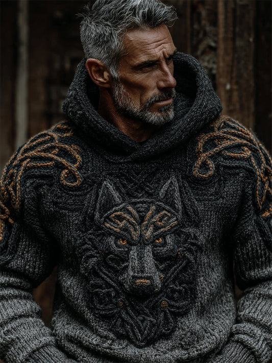 Men's Viking Wolf Celtic Gradient Hooded Cozy Chunky Sweater artswardrobe