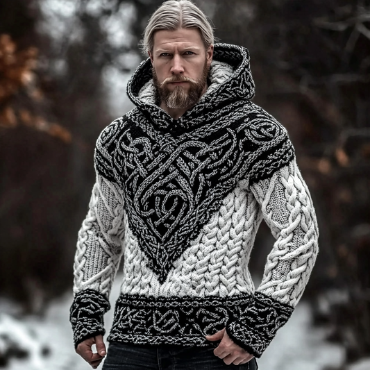 Men's Vintage Viking Celtic Jacquard Chunky Hooded Sweater artswardrobe