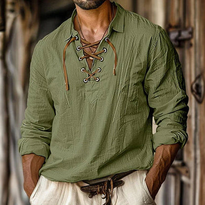 Men's Summer Beach Style Lapel Loose Pullover V-neck Drawstring Long-sleeved Shirt artswardrobe