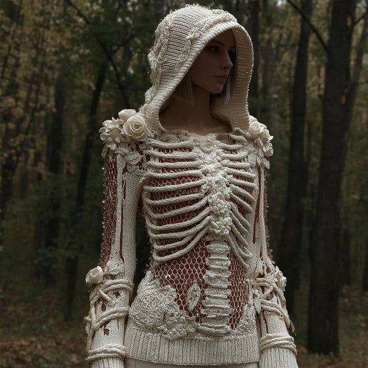 Women's Halloween Skull And White Rose Mesh Sweater artswardrobe