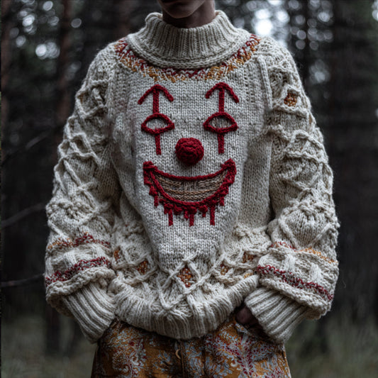 Men's Halloween Clown Face Embroidered Antique White Turtleneck Sweater artswardrobe