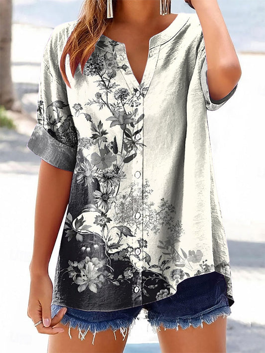 Women's Floral Pattern Art Print Cotton Linen Casual Shirt