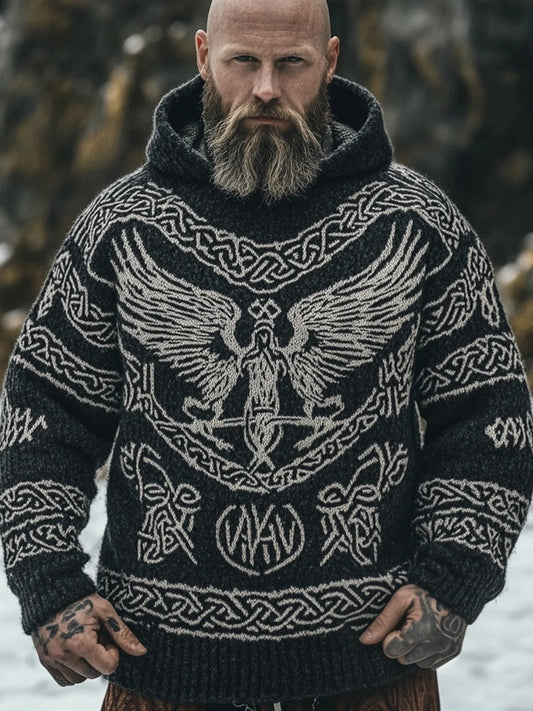 Men's Viking Raven Celtic Jacquard Cozy Hooded Sweater artswardrobe