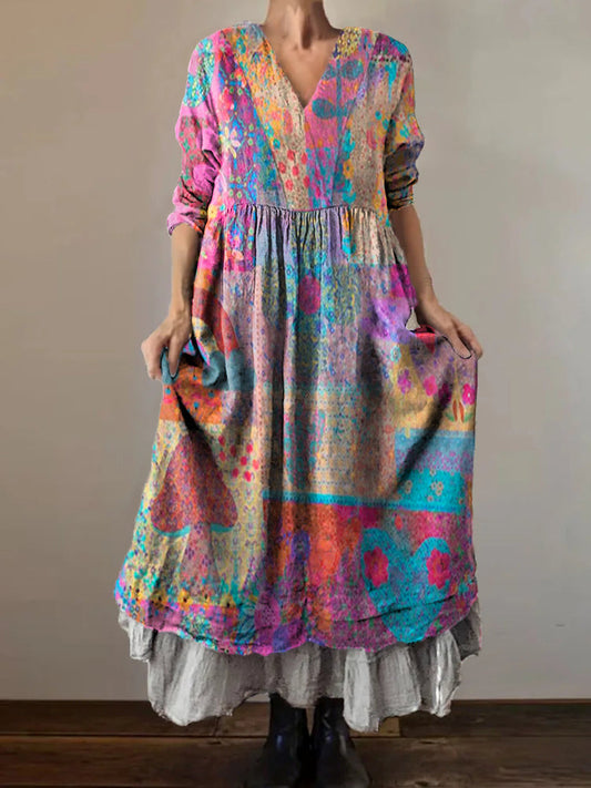 Women's Bohemian Floral Collage Art Pattern Print V-Neck Pocket Cotton