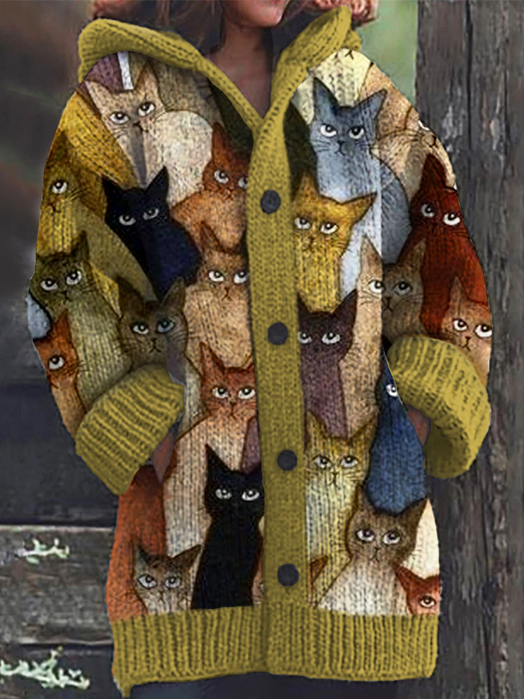 Colorful Cats Pattern Cozy Hooded Cardigan artswardrobe