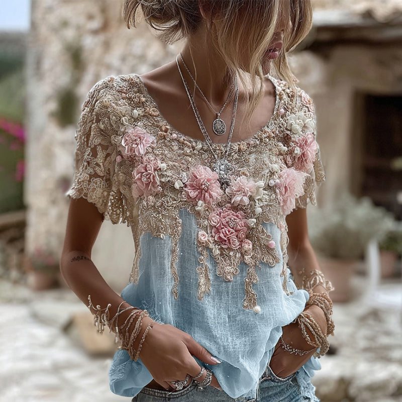 Women's Pink Rose Embroidery Art Round Neck Short Sleeve Linen Blend T-shirt artswardrobe