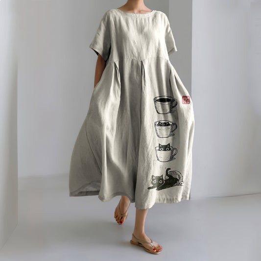 Women's Cat Coffee Cup Japanese Art Painting Print Midi Dress elevenforest