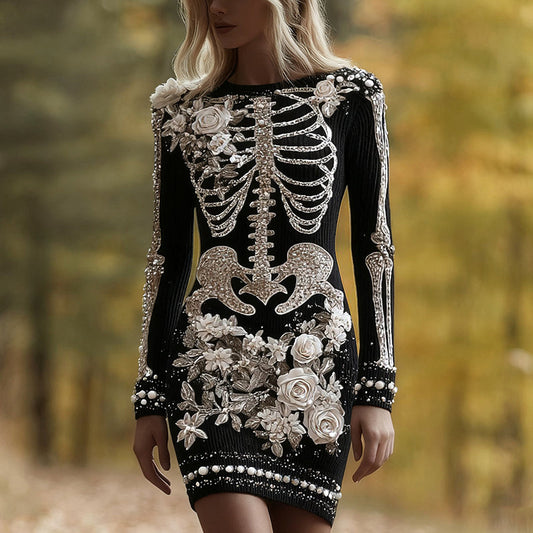 Classy Skull And Roses Art Cozy Knit Sweater Dress artswardrobe