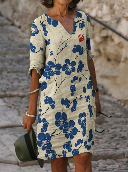 Cherry Blossom Japanese Lino Notch Neck Midi Dress