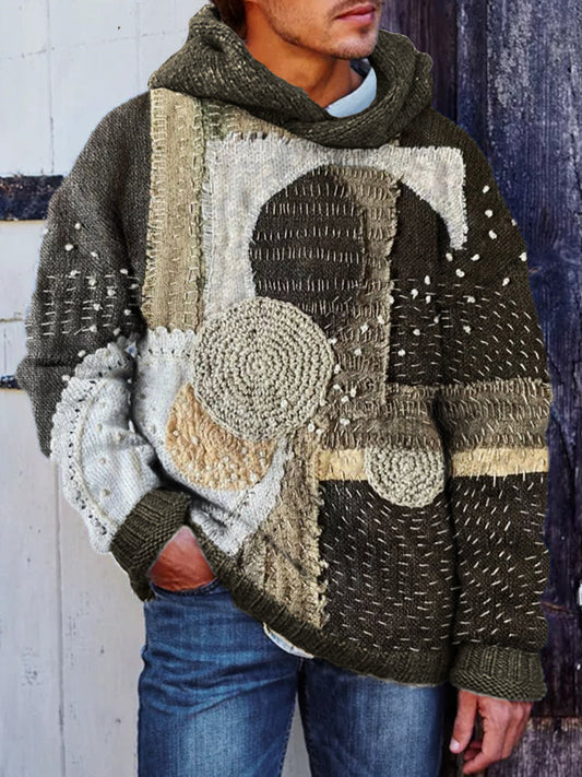 Men's Japanese Sashiko Fiber Art Cozy Hooded Sweater artswardrobe