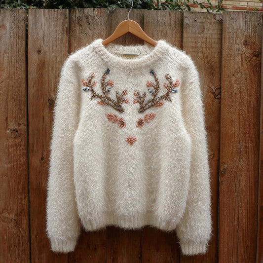 Merry Christmas Reindeer Antlers Furry Round Neck Sweater artswardrobe