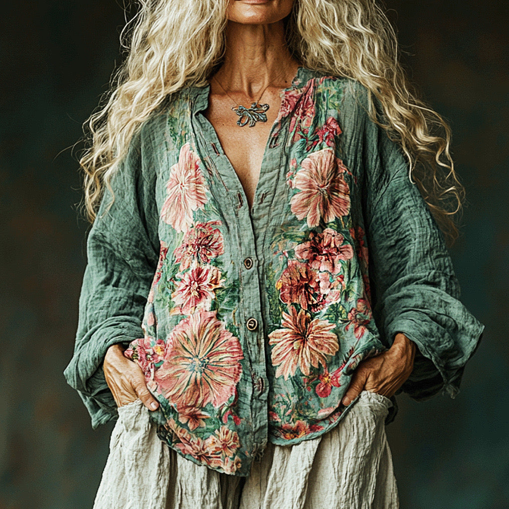 Comstylish Bohemian Linen Floral Art Print Long Sleeve Shirt