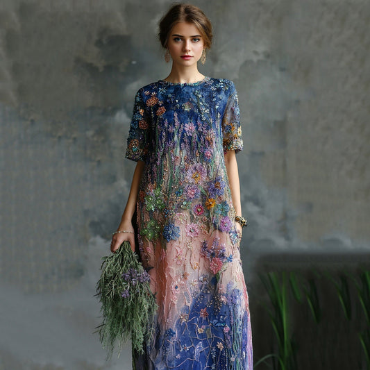Women's Elegant Oil Painting Floral Sequined Maxi Dress