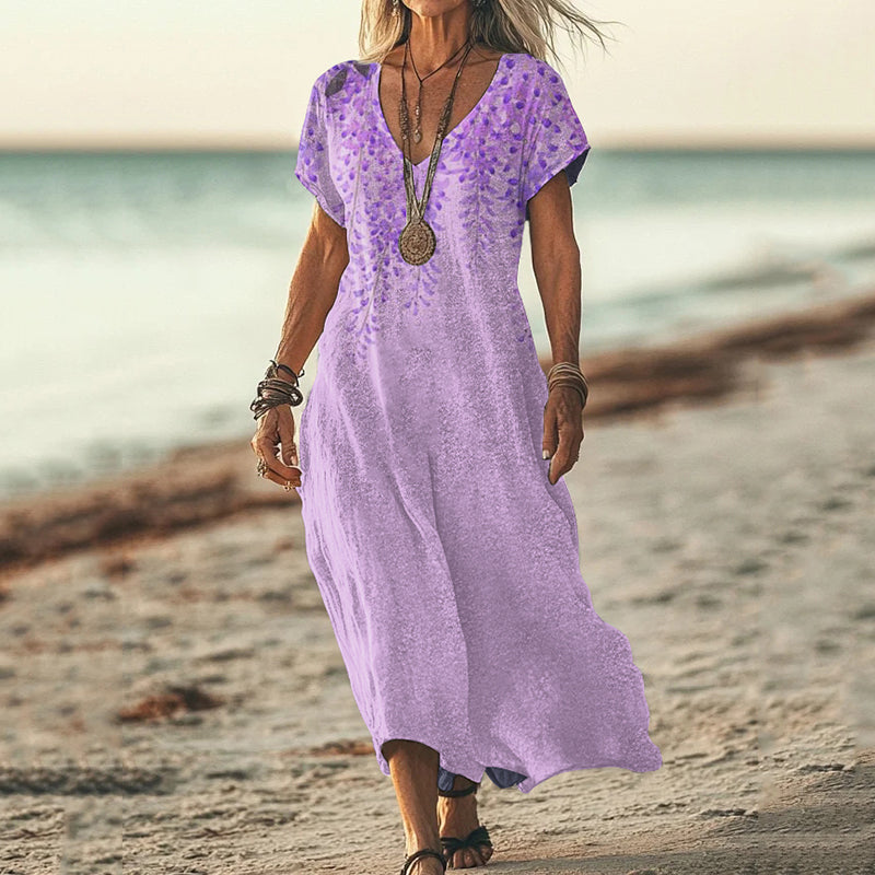 Vintage Violet Floral Art Pattern Casual Maxi Dress artswardrobe