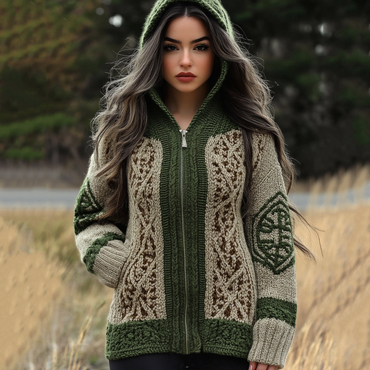Women's Irish Celtic Knot Contrast Zip Hooded Sweater artswardrobe