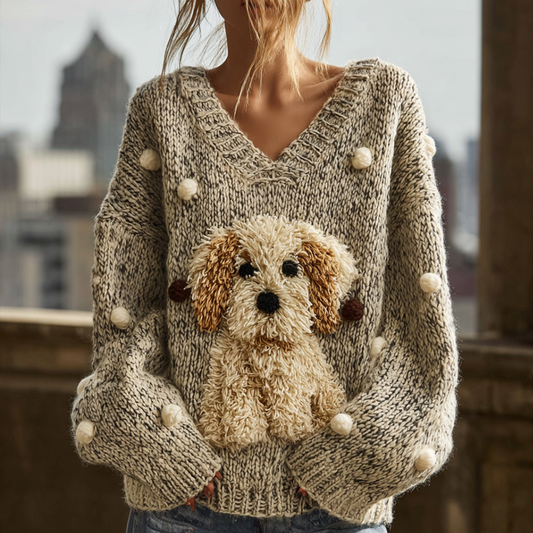 Lady Retro Cute Dog Plush Comfortable Knitted Sweater. artswardrobe